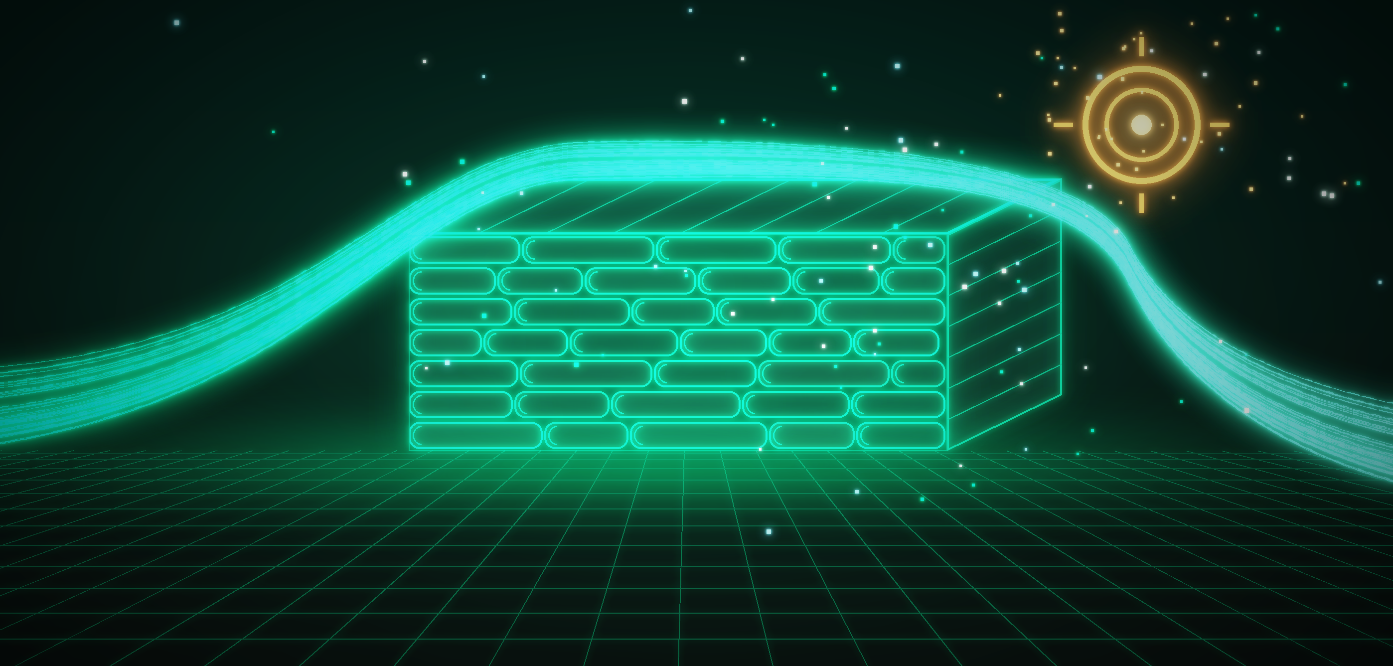 A glowing green dam of stacked logs on a dark grid floor, with streams of light flowing over it toward an orange target ring.